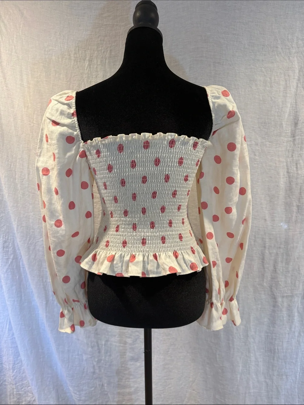 Reformation Pinto Smocked Square-Neck Top with Polka Dots & puff sleeves size S